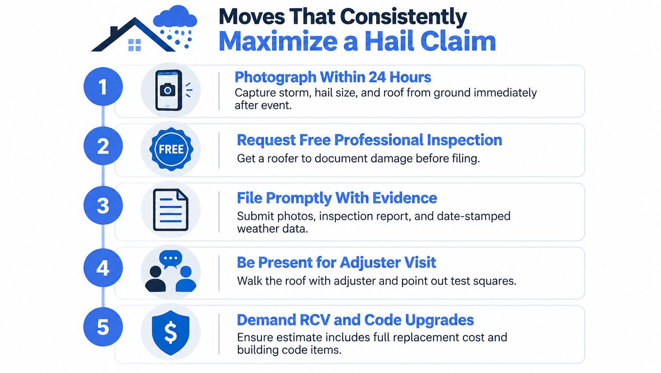 An infographic illustrating five strategic steps to maximize an insurance claim for residential roof hail damage.