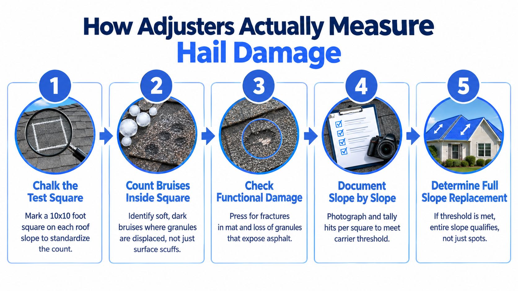 A five-step instructional graphic explaining how insurance adjusters professionally measure roof hail damage using standardized testing.