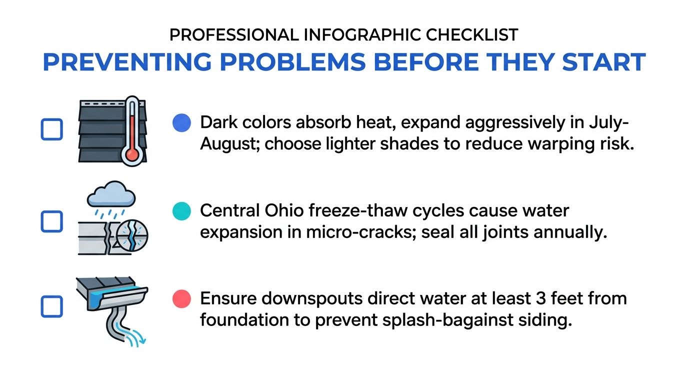 A professional infographic checklist showing tips for preventing problems with vinyl siding maintenance and care.
