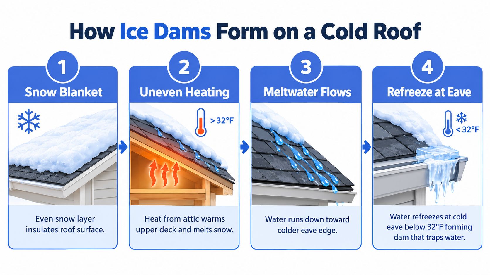 A four-step infographic showing how heat from the attic melts snow, causing ice dams at the roof eaves.