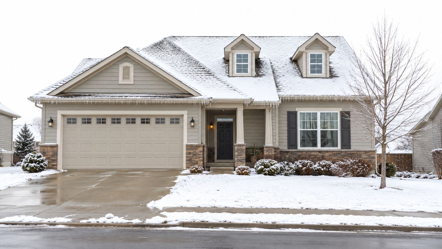 A beige suburban house with a snow-covered roof and icicles hanging from the gutters on a winter day.