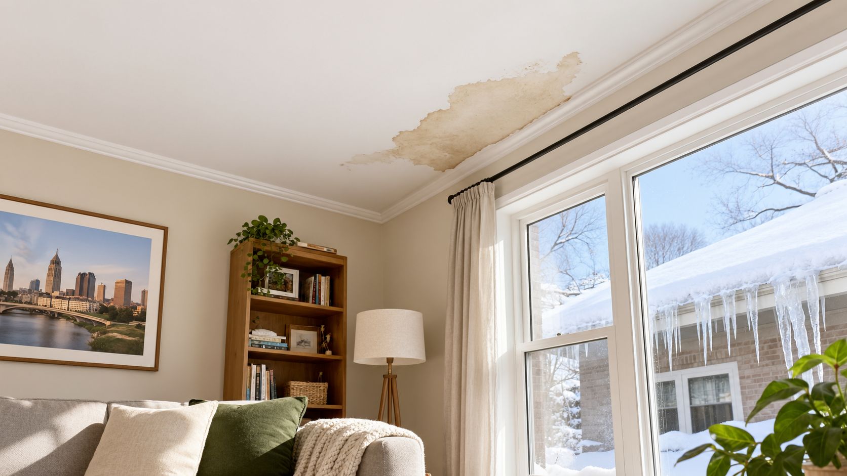 A living room interior featuring a large water damage stain on the ceiling near a window.