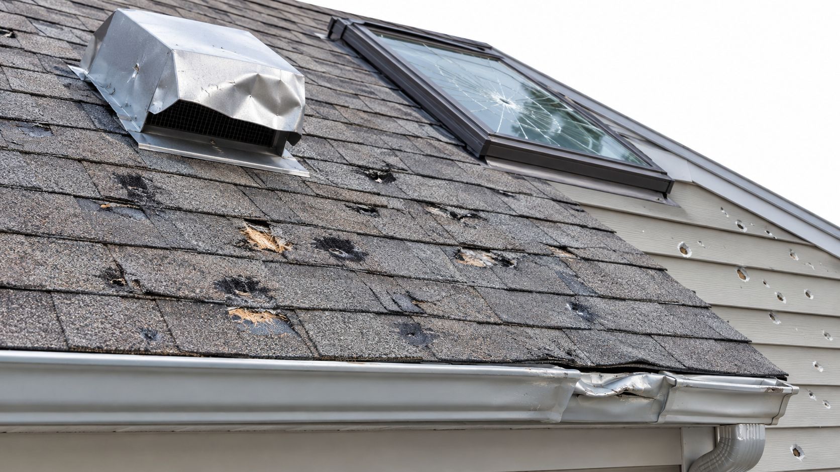 A roof and siding heavily damaged by severe hail, featuring broken shingles, dented metal, and a cracked skylight.