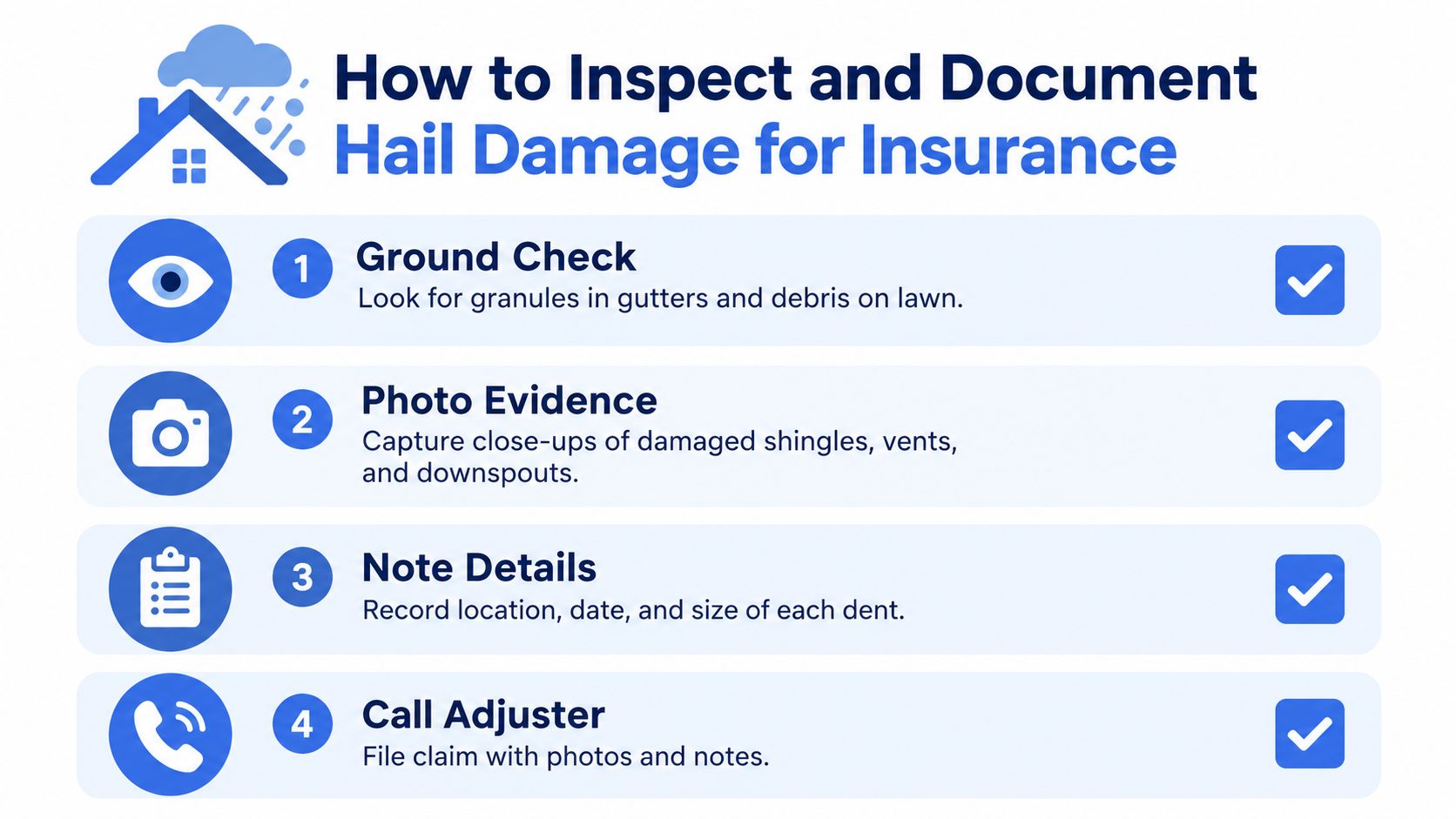 A checklist infographic detailing four steps to inspect and document roof hail damage for insurance claims.