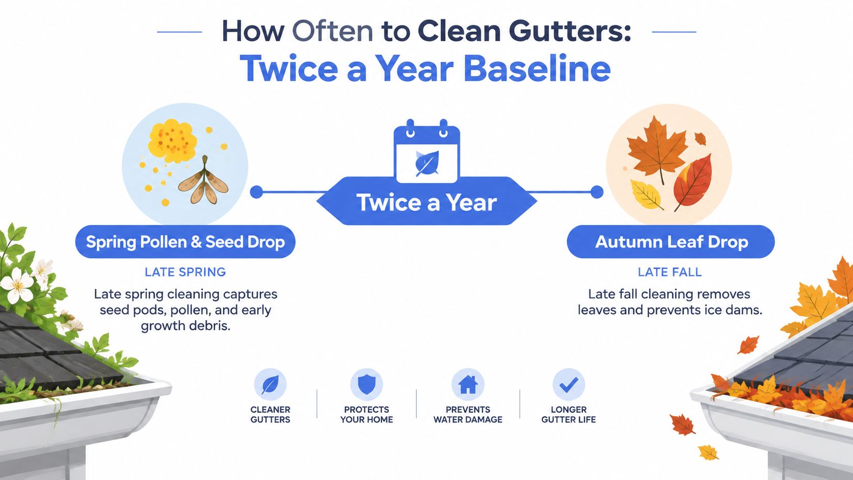 An infographic showing that gutters should be cleaned twice a year, during late spring and late fall.