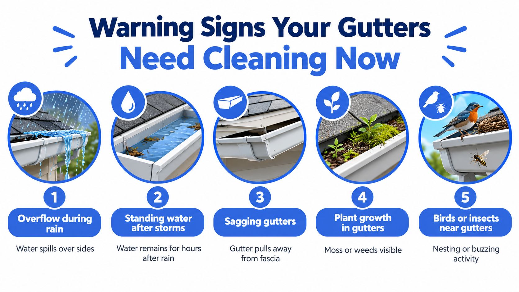 An infographic showing five common warning signs that your residential gutters need immediate cleaning and maintenance.