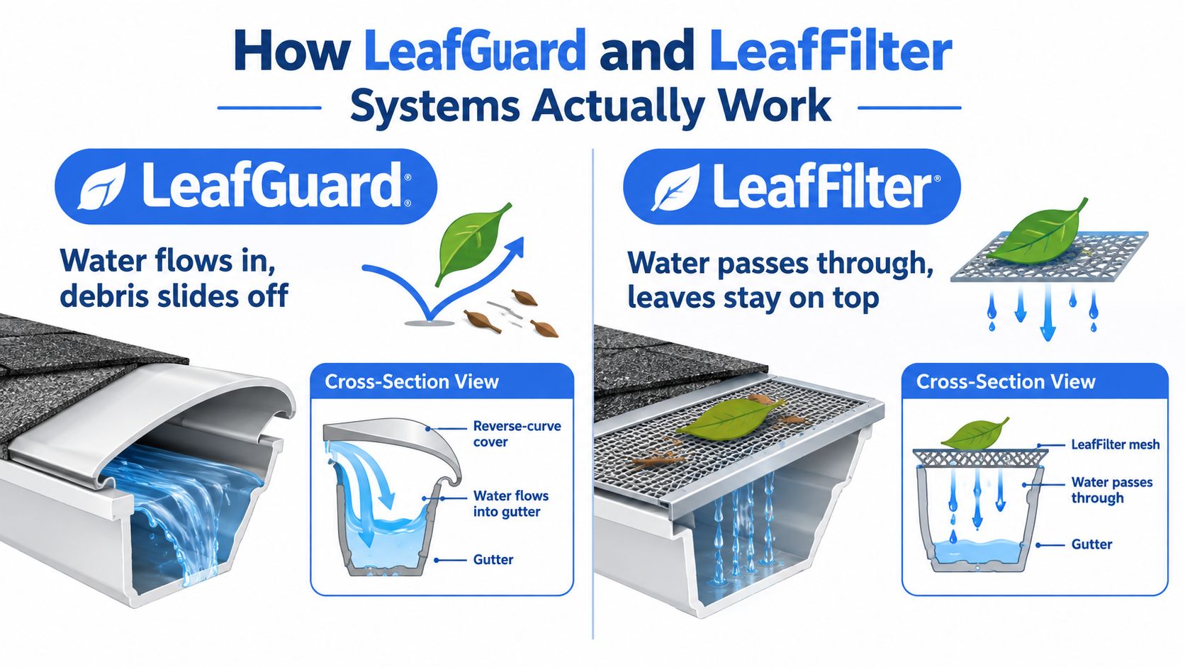 An infographic comparing LeafGuard and LeafFilter gutter protection systems, showing how each prevents debris buildup while allowing water flow.