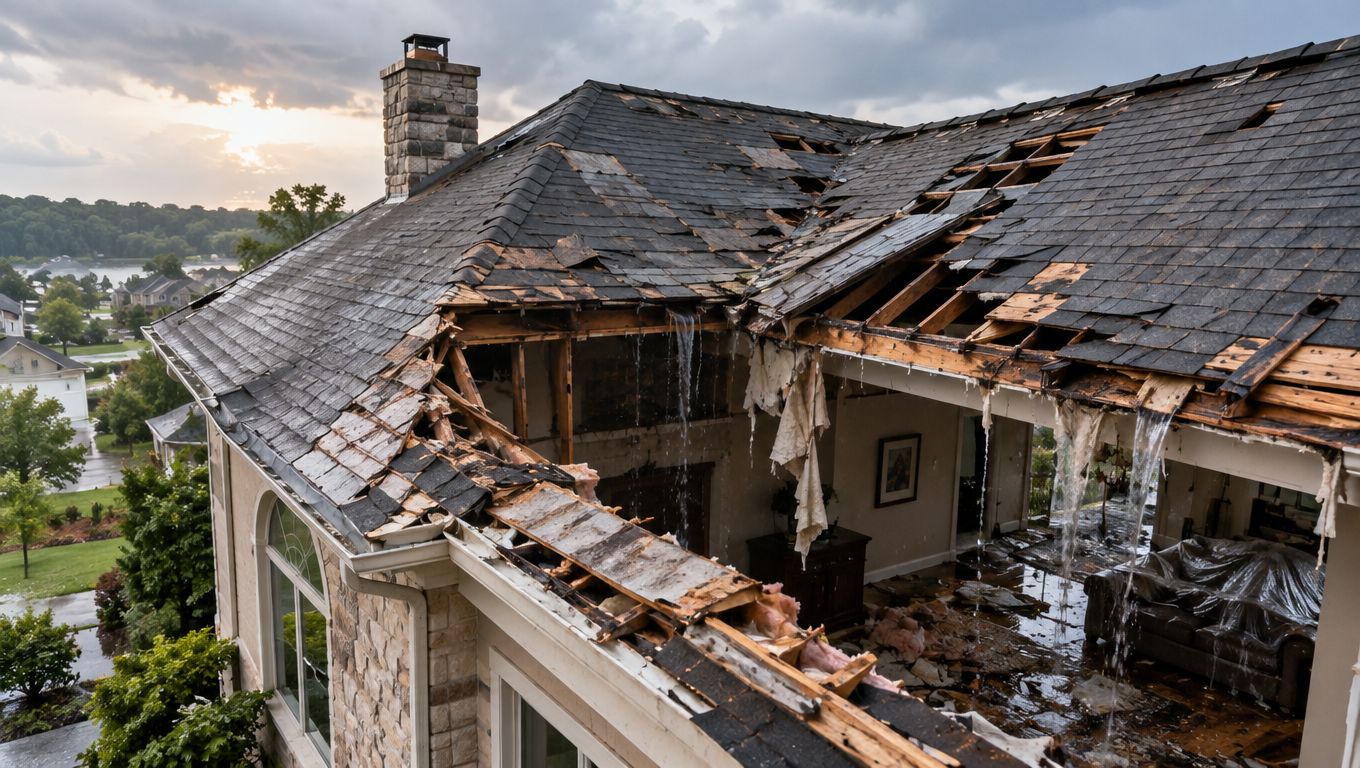 A house with severe roof damage from a storm showing exposed interior structure and leaking rainwater indoors.