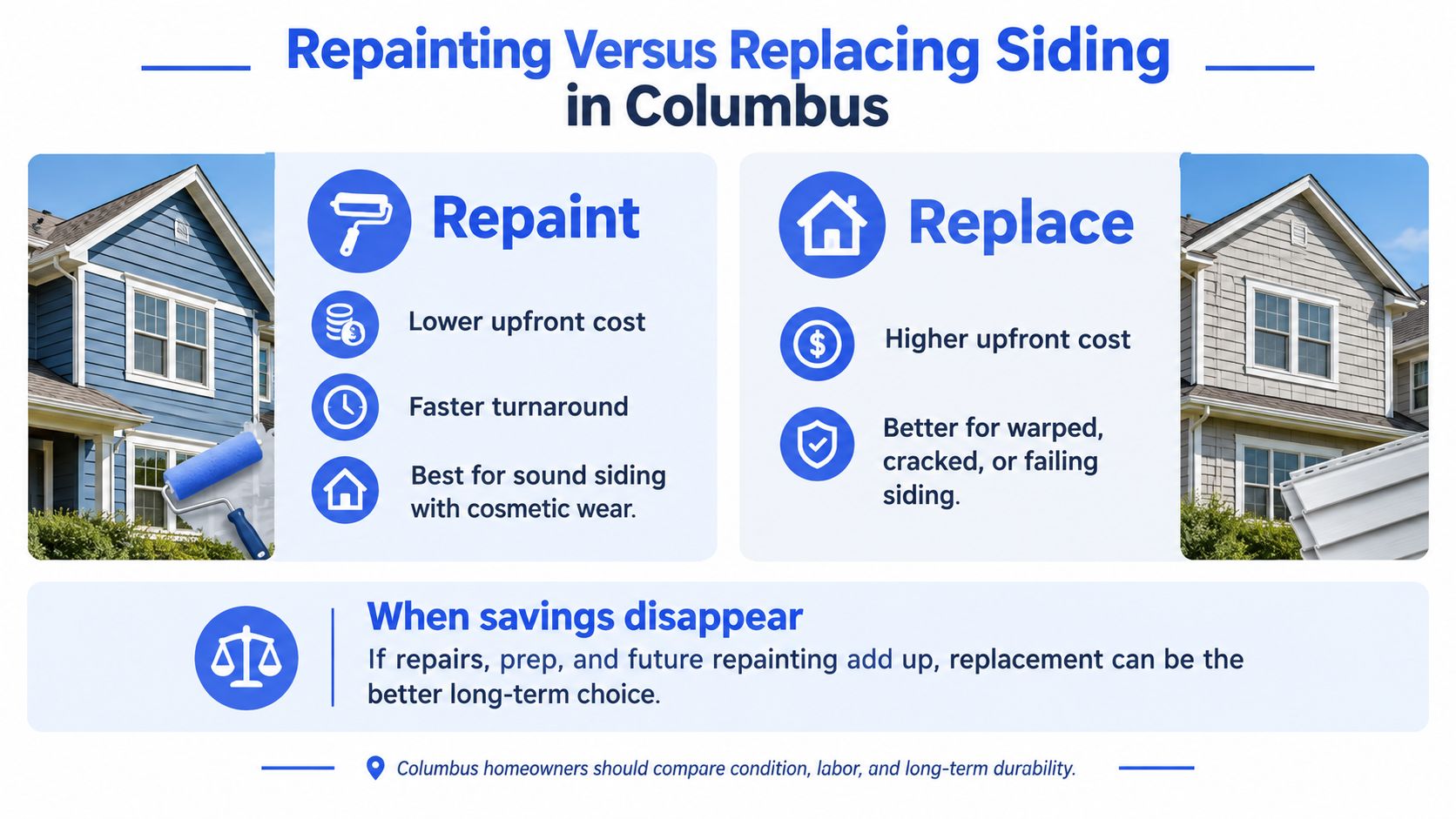 An infographic comparing the pros and cons of painting versus replacing home siding in Columbus.