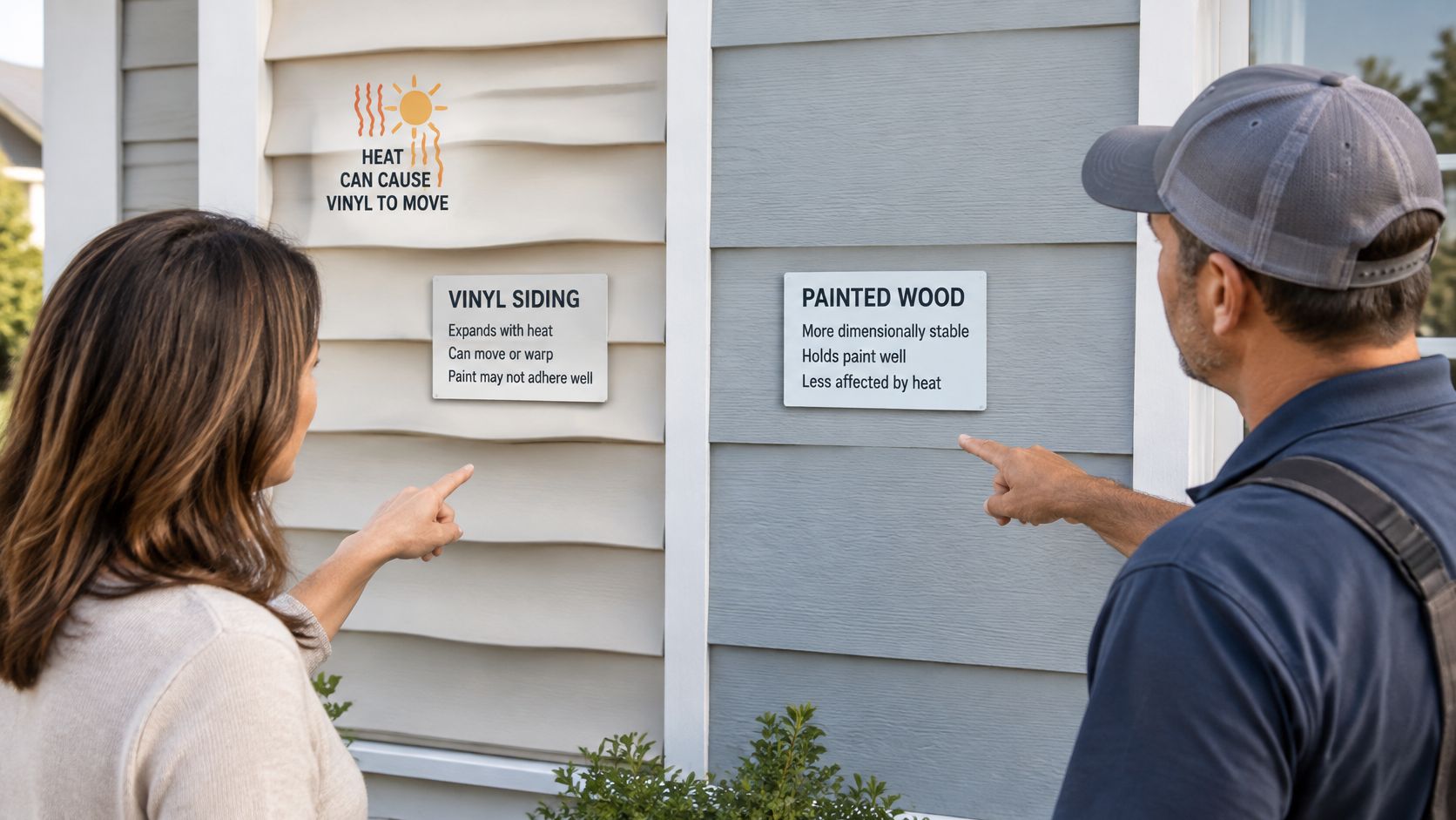 A woman and a contractor comparing characteristics of vinyl siding versus painted wood on a house wall.