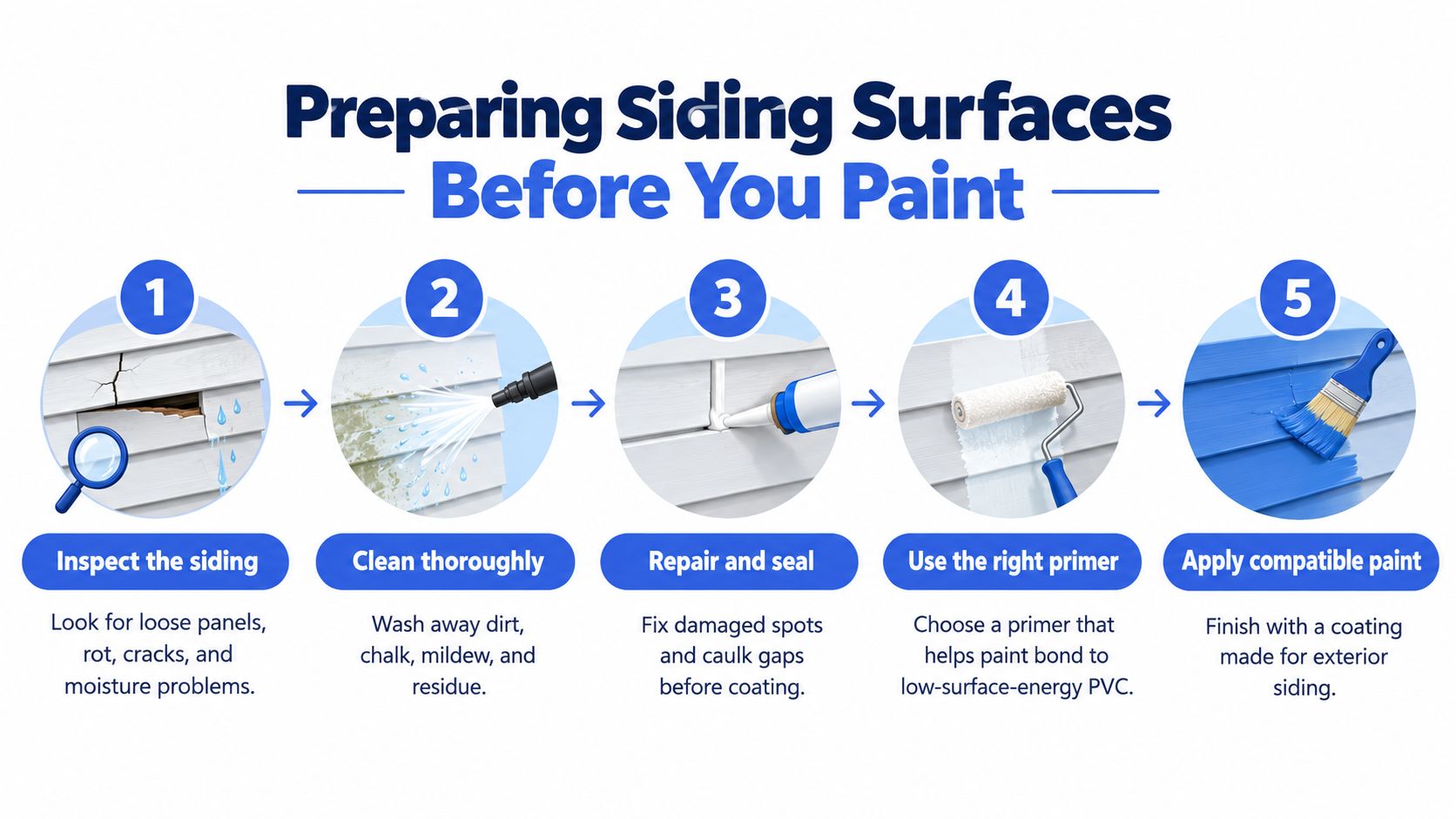 An infographic showing five essential steps for preparing and painting home siding surfaces before starting your project.