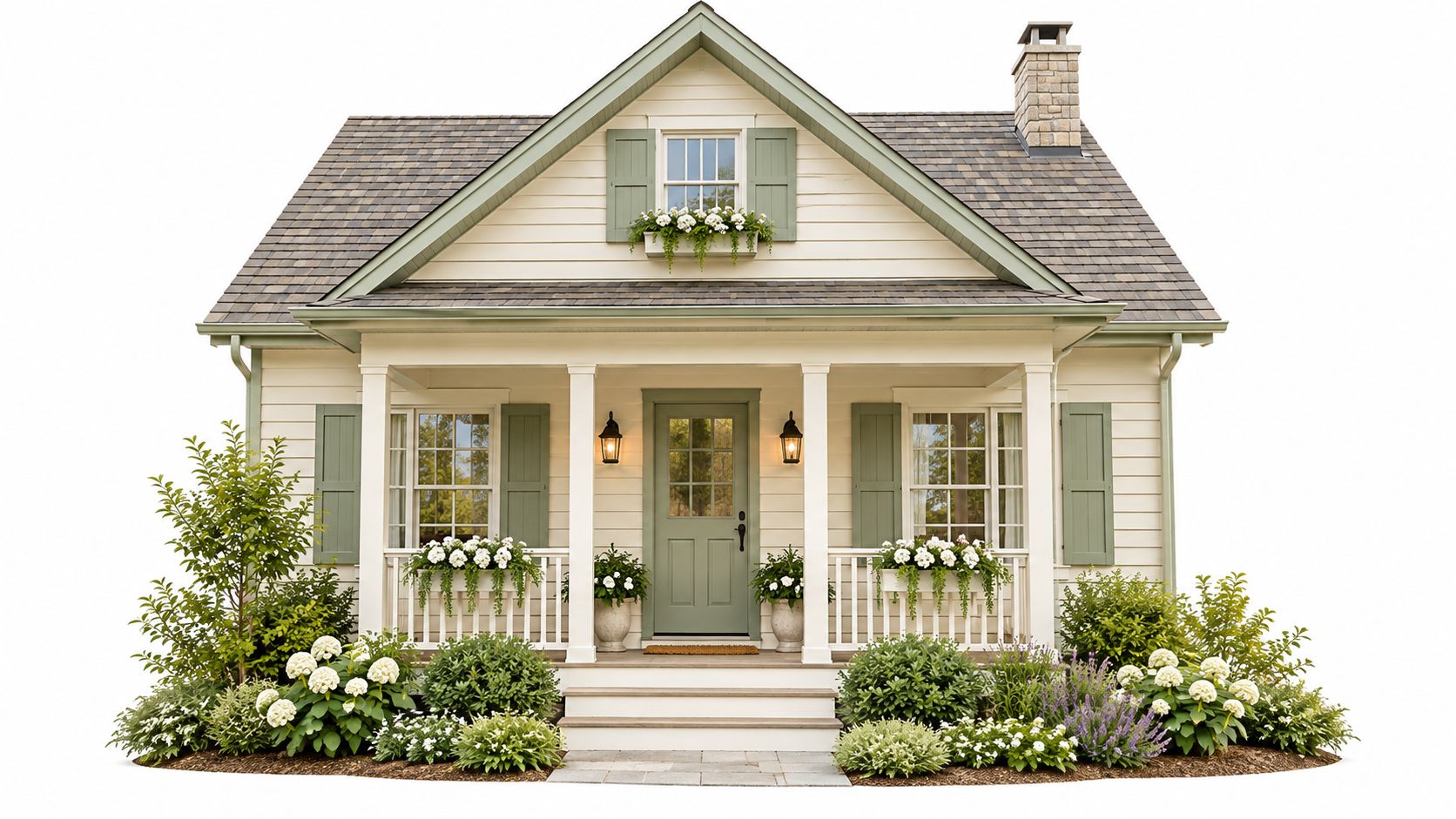 A charming cottage style house with cream vinyl siding, sage green shutters, and a well-manicured front garden.