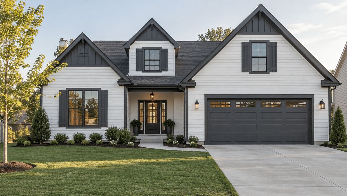 A beautiful modern farmhouse with white vinyl siding, dark grey trim, and a spacious attached two-car garage.