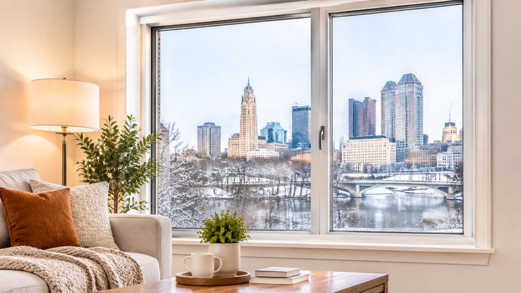 A cozy living room featuring a view of the Columbus, Ohio skyline through a modern window.