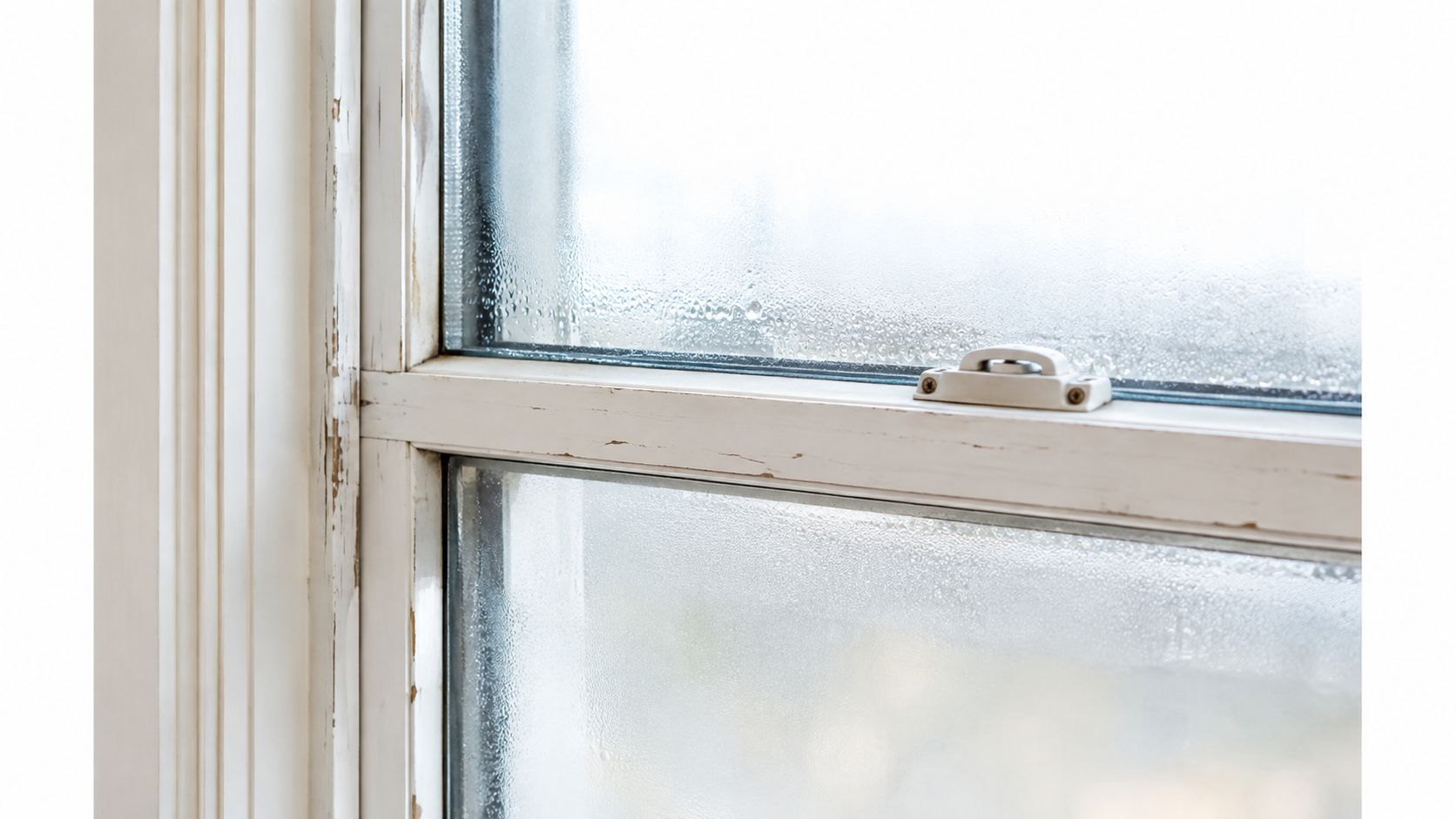 Close-up of a vintage white window frame showing condensation and peeling paint in a home.