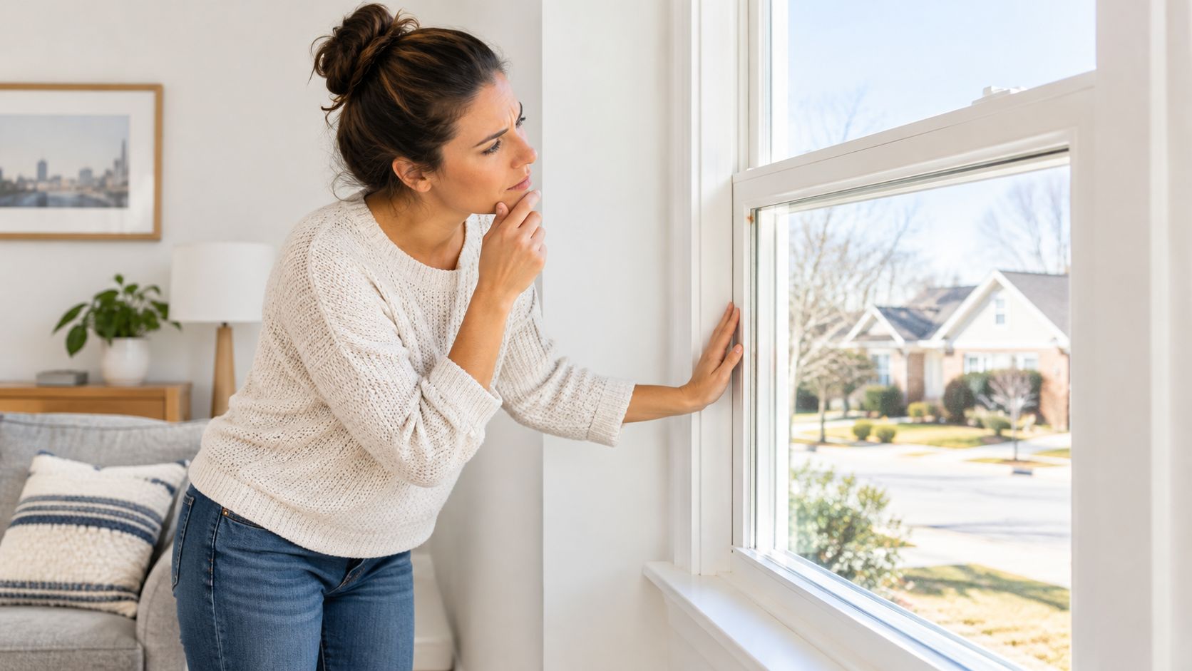 A woman looks concerned while inspecting a residential window during a home improvement assessment in a bright room.