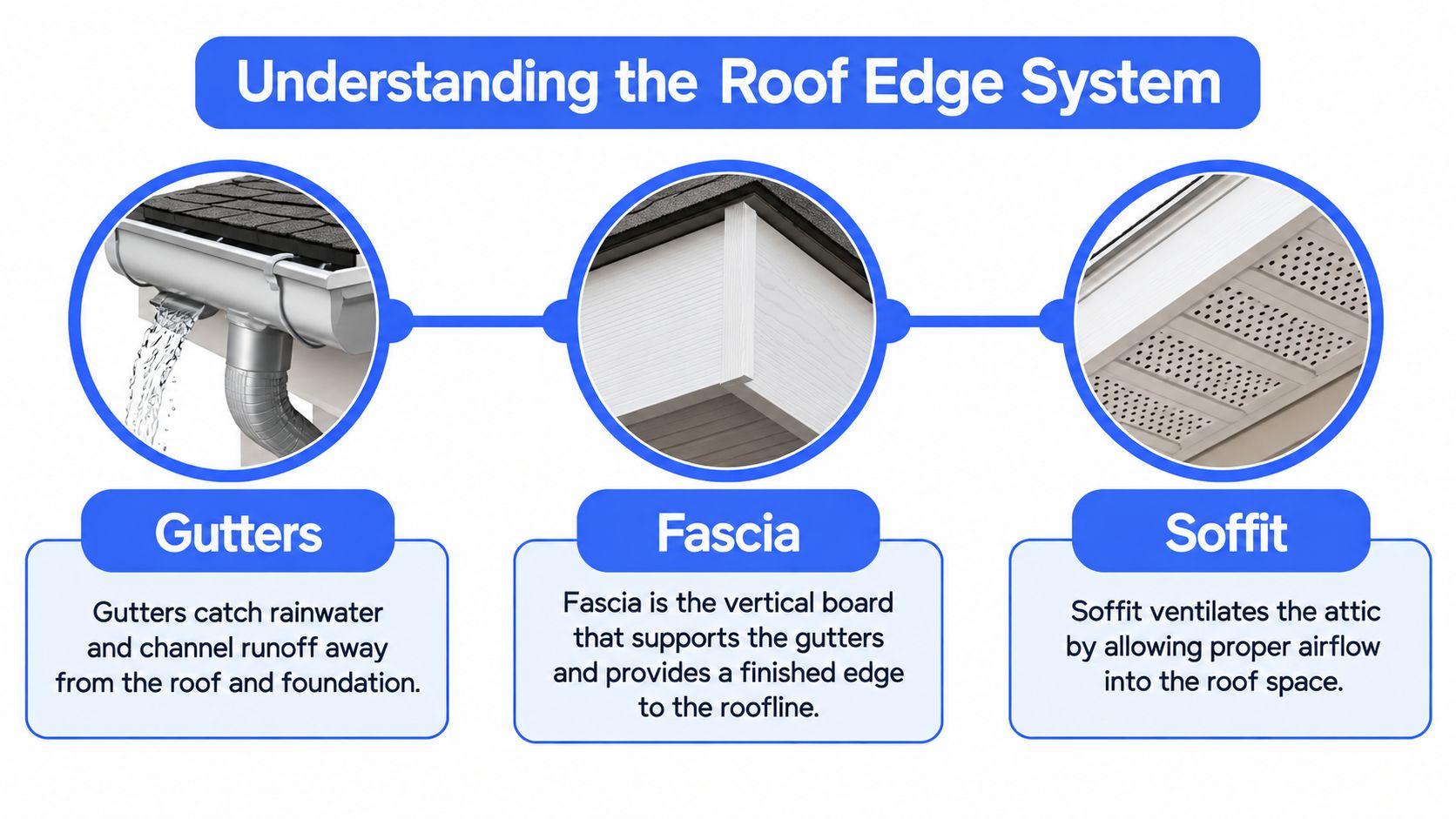 A diagram illustrating the three components of a roof edge system: gutters, fascia, and soffit.
