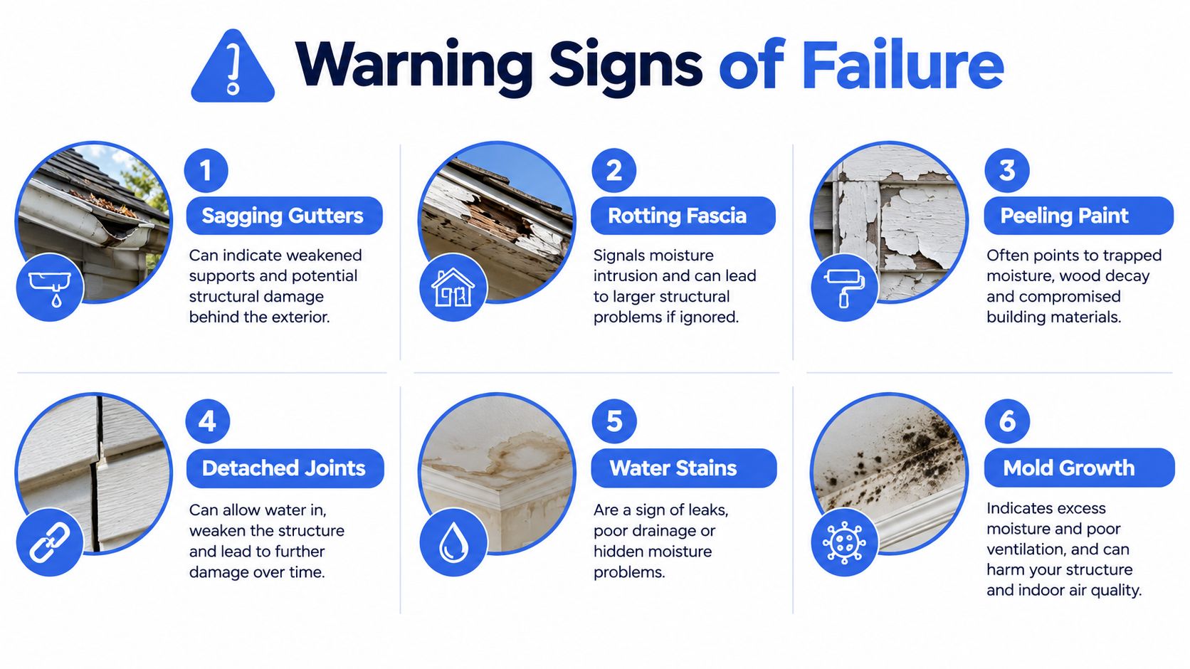 An infographic showing six common warning signs of home exterior failure including gutters, rot, and mold.