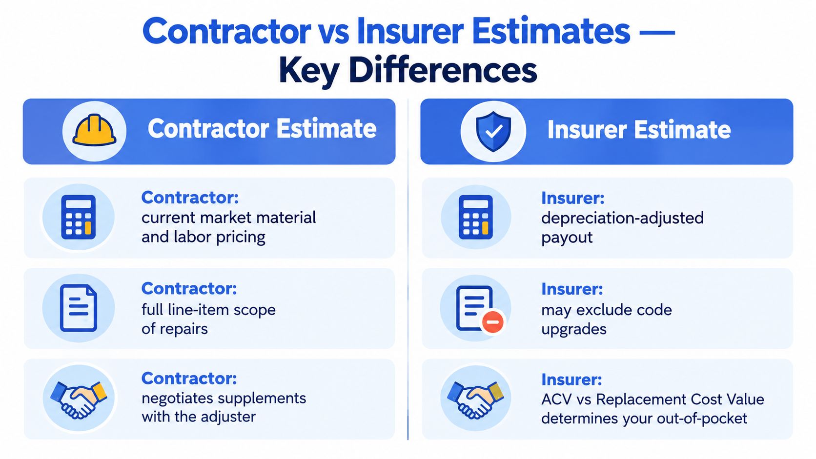 A comparison chart outlining key differences between contractor and insurer estimates for hail damage property repairs.