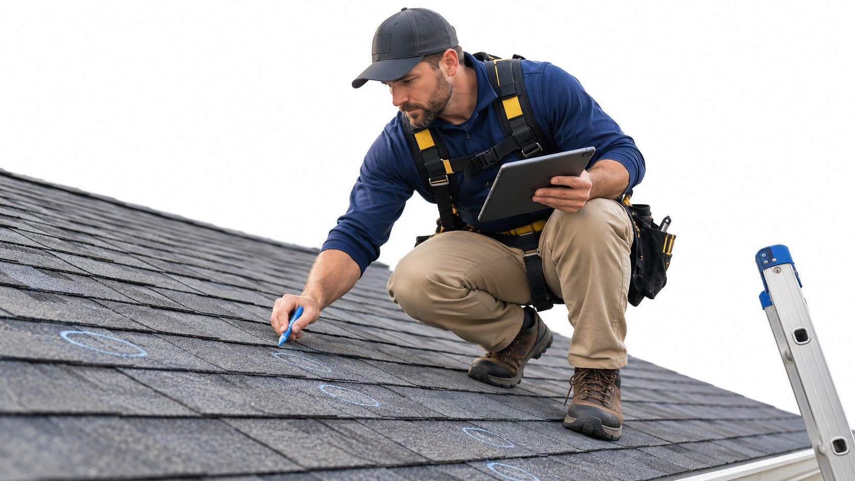 A professional roofing contractor inspecting hail damage on shingles using a tablet and marking spots with blue chalk.