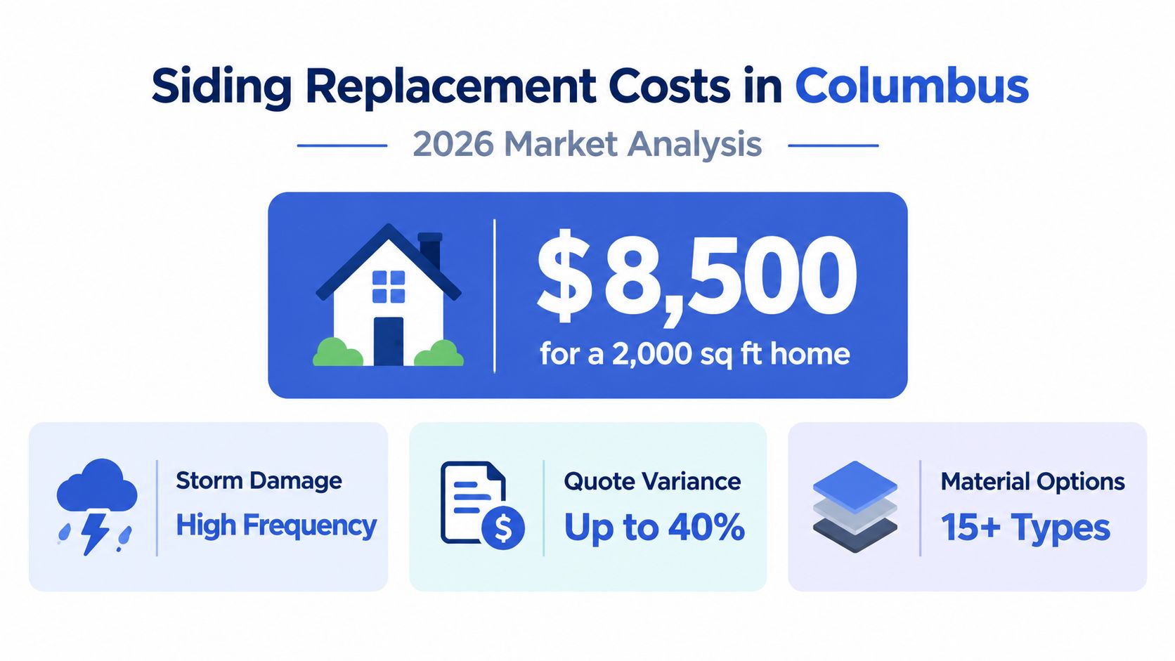 An infographic showing the 2026 market analysis for siding replacement costs in Columbus for a 2000 square foot home.