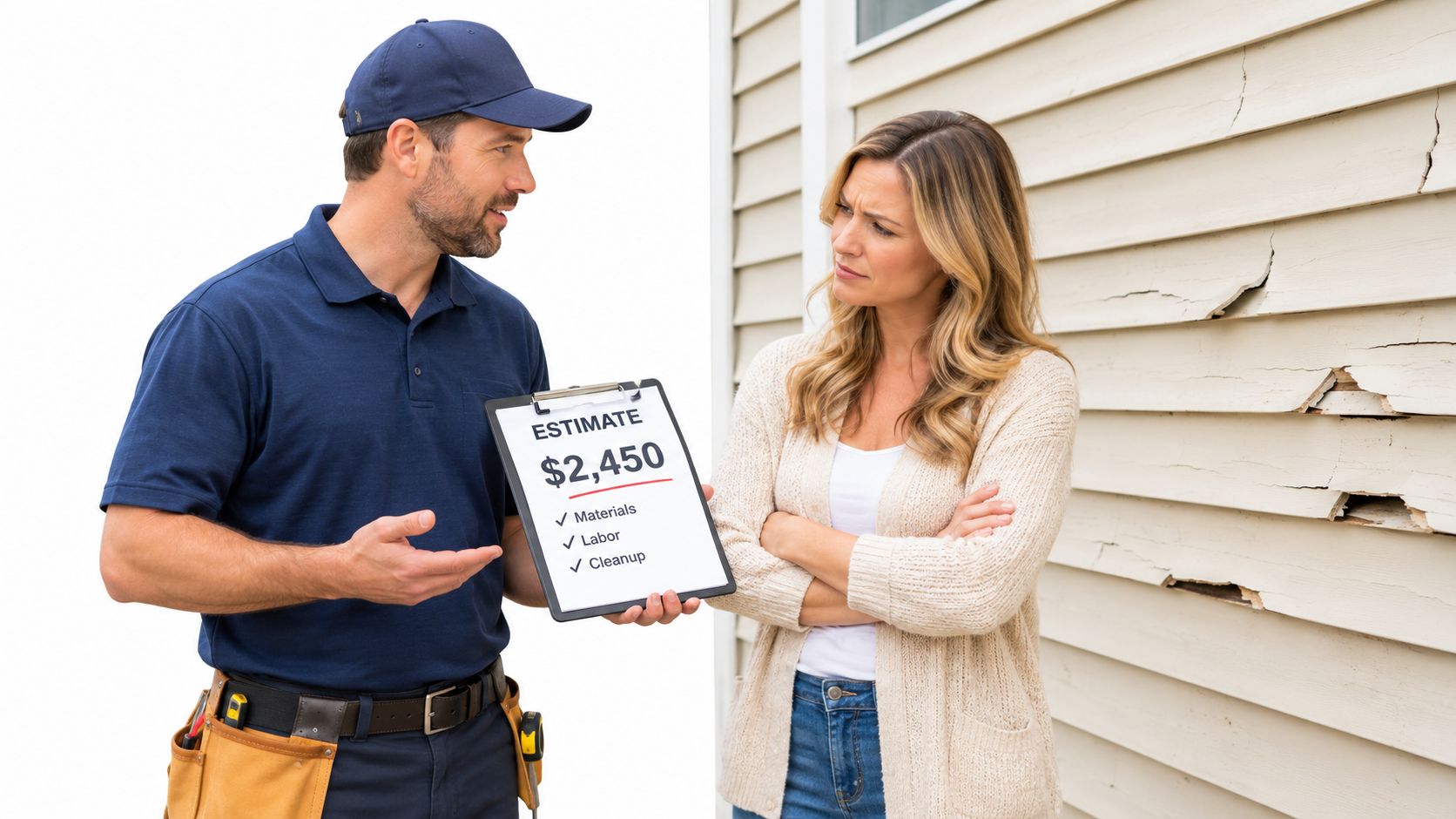 A professional repairman shows a house siding repair estimate to a skeptical homeowner in front of damaged siding.