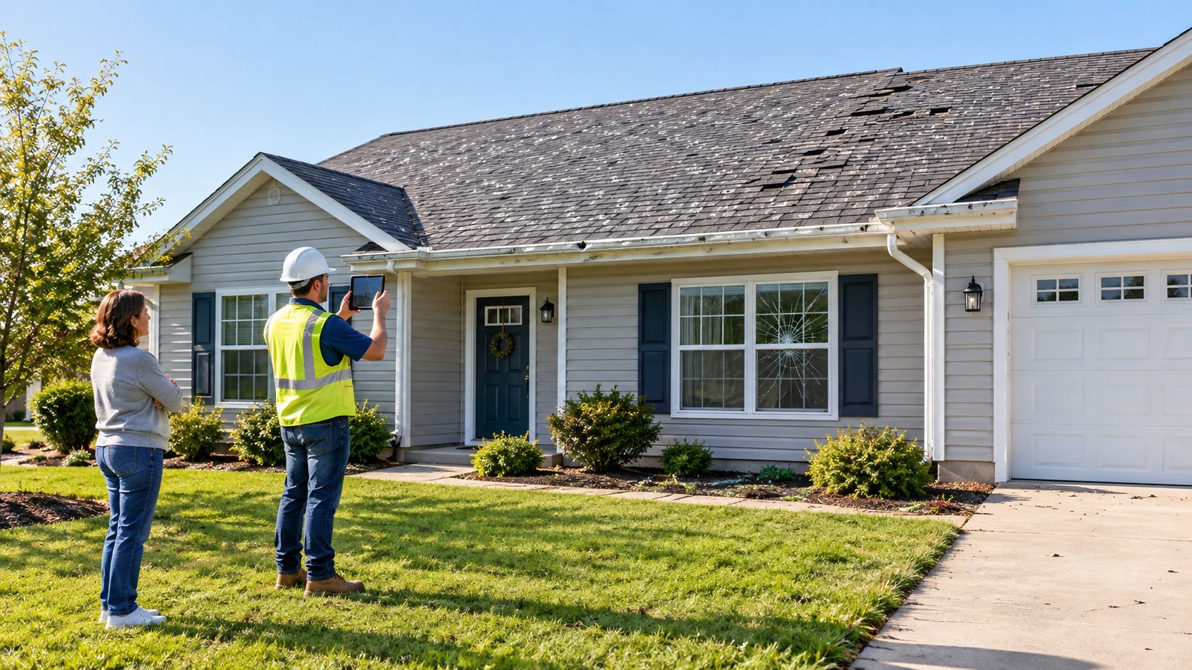A professional home inspector inspects damage on a house roof and window with a homeowner outdoors.