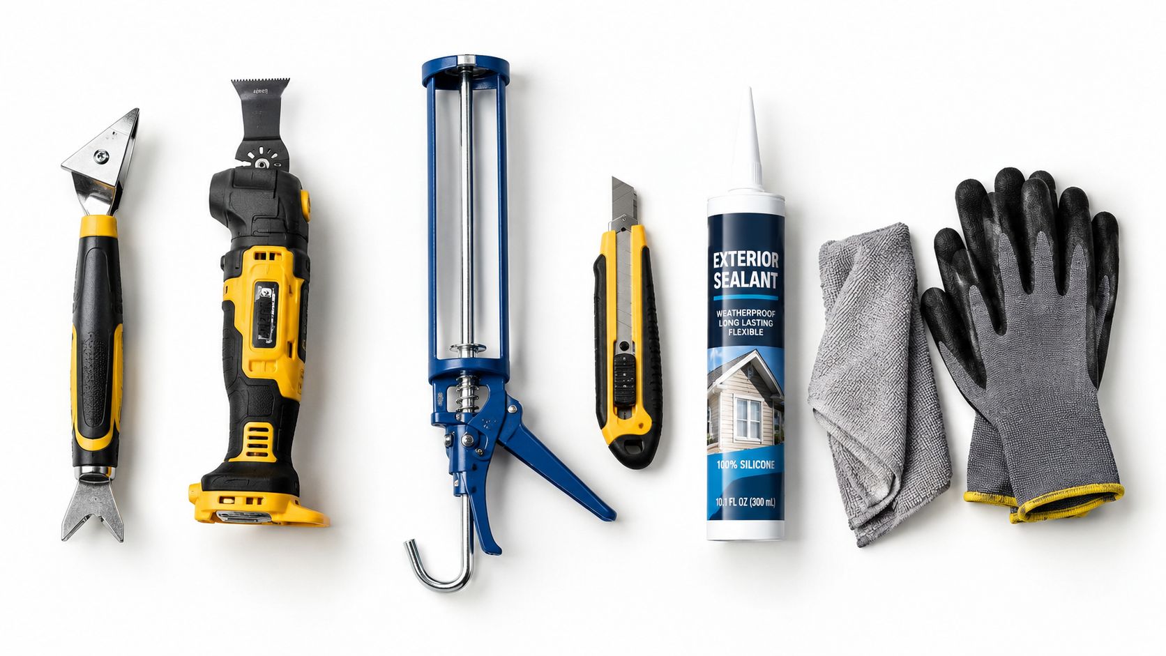 A set of home improvement tools for resealing windows laid out flat against a white background.