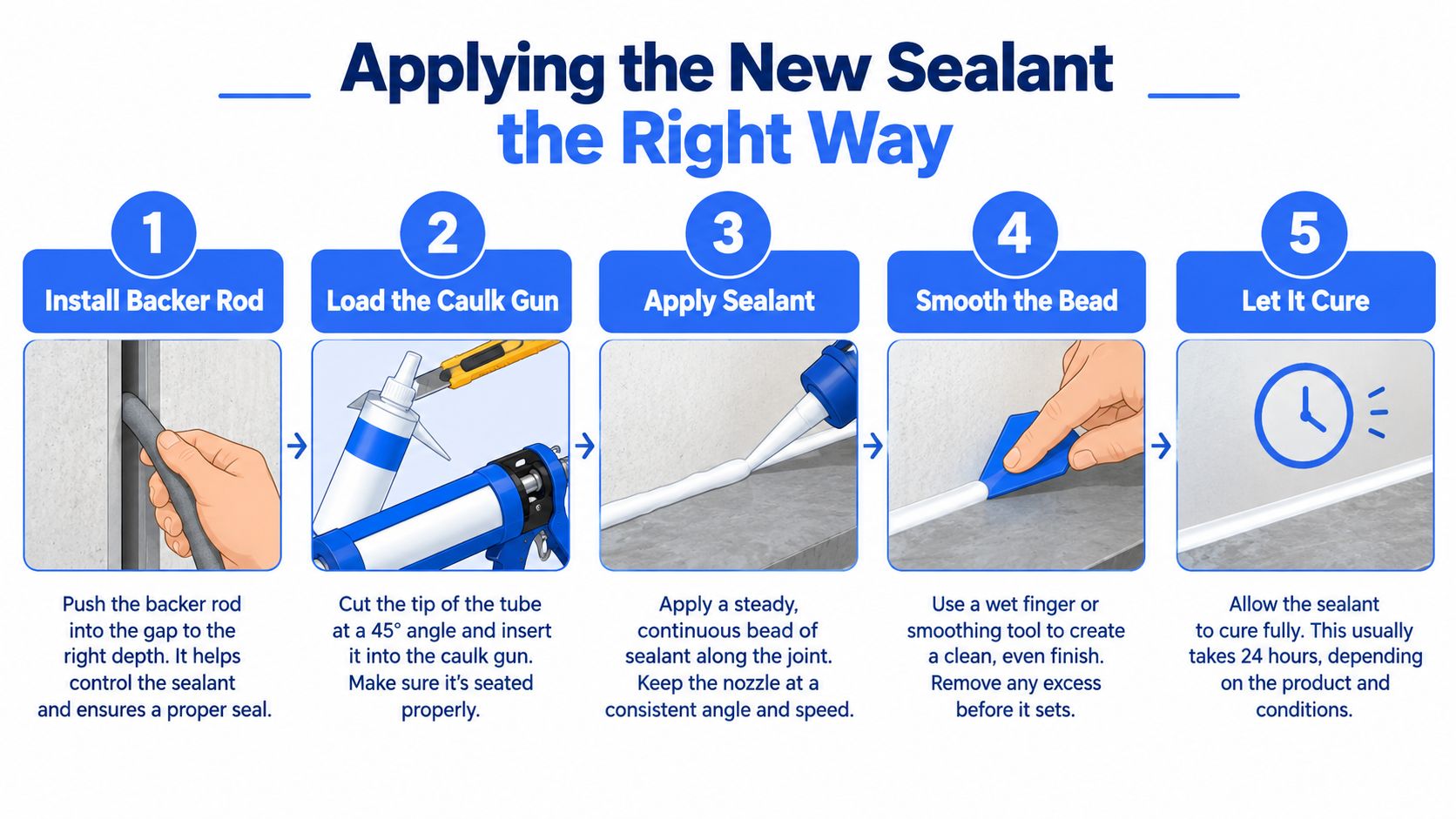 An instructional infographic detailing the five essential steps for properly applying sealant to gaps and joints.