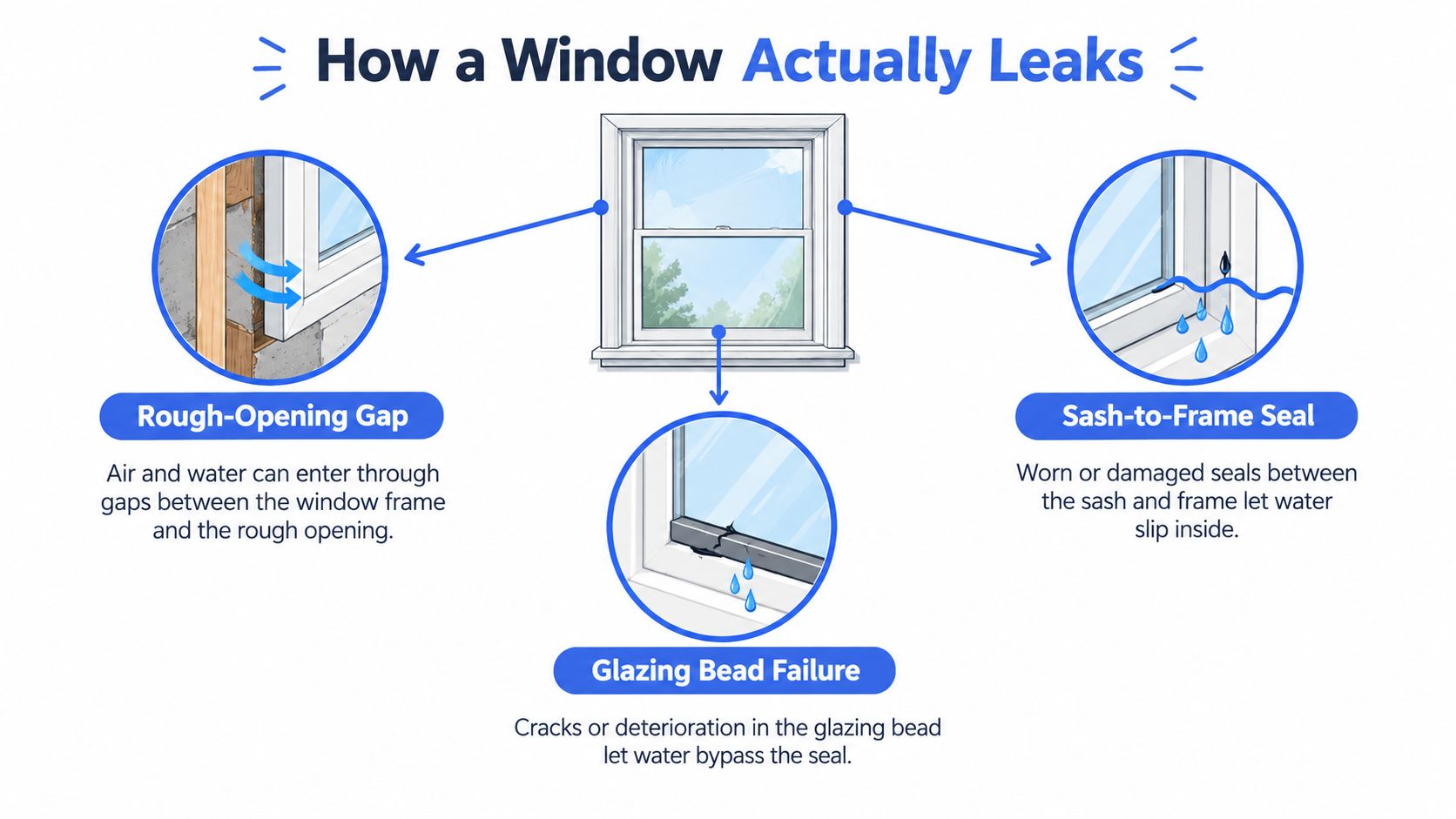A diagram illustrating three common ways windows leak including rough opening gaps, sash-to-frame seal issues, and glazing bead failure.