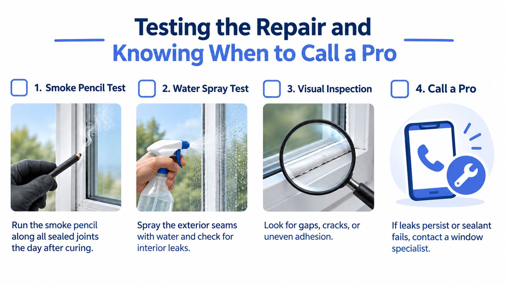 A guide showing four steps to test window seal repairs using smoke, water, visual inspection, and professional help.