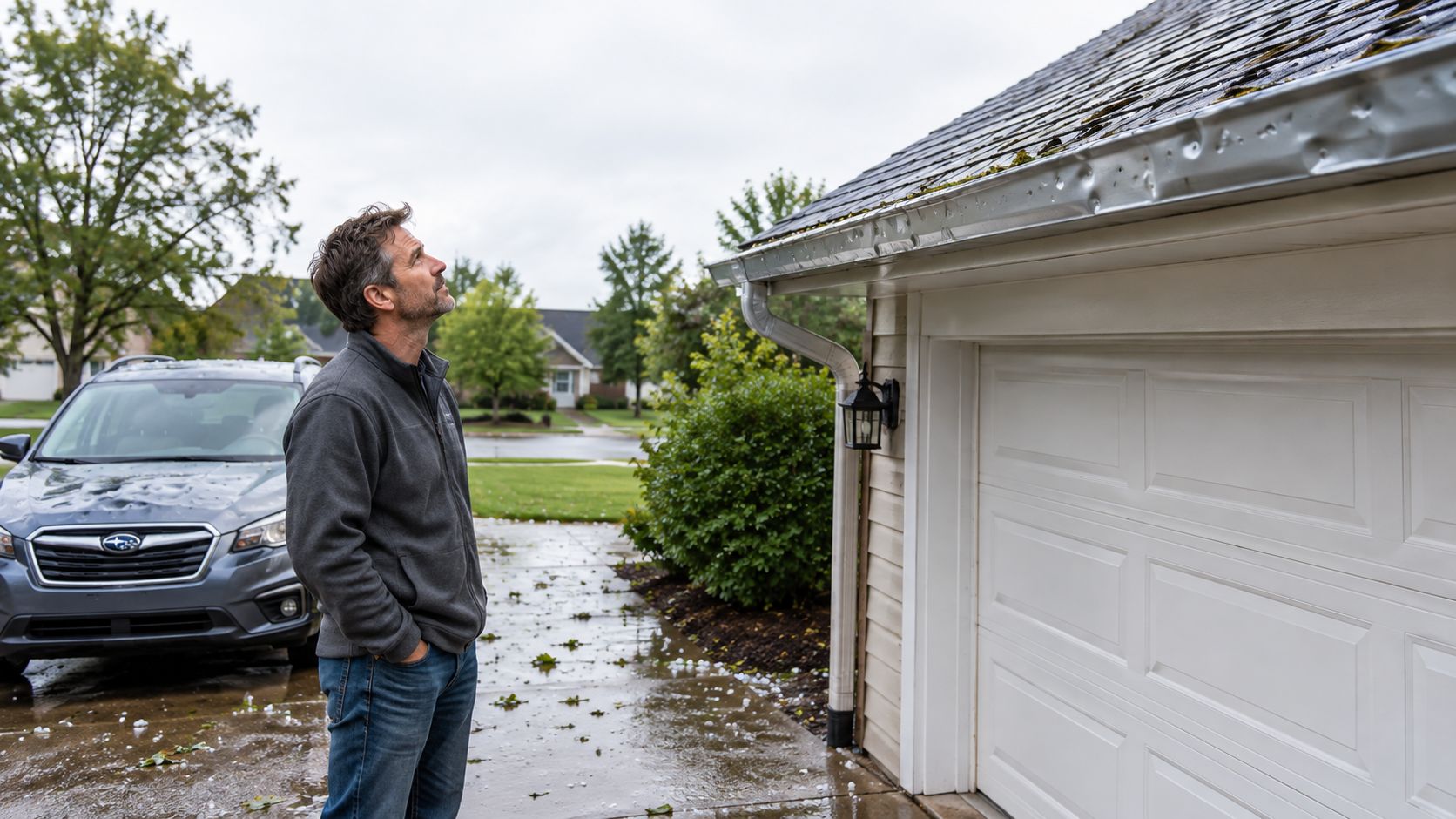 A man examines storm damage to his house roof and car after a heavy hailstorm event.
