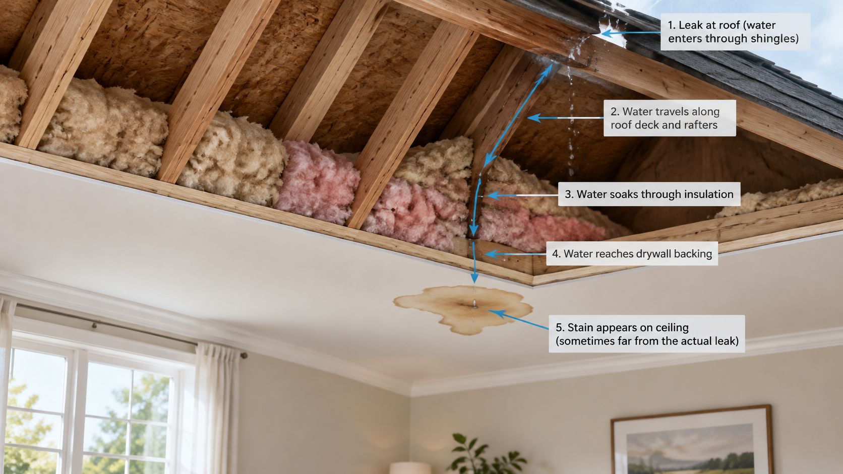 A cross-section illustration showing water leaking through a roof into a ceiling with insulation and drywall.