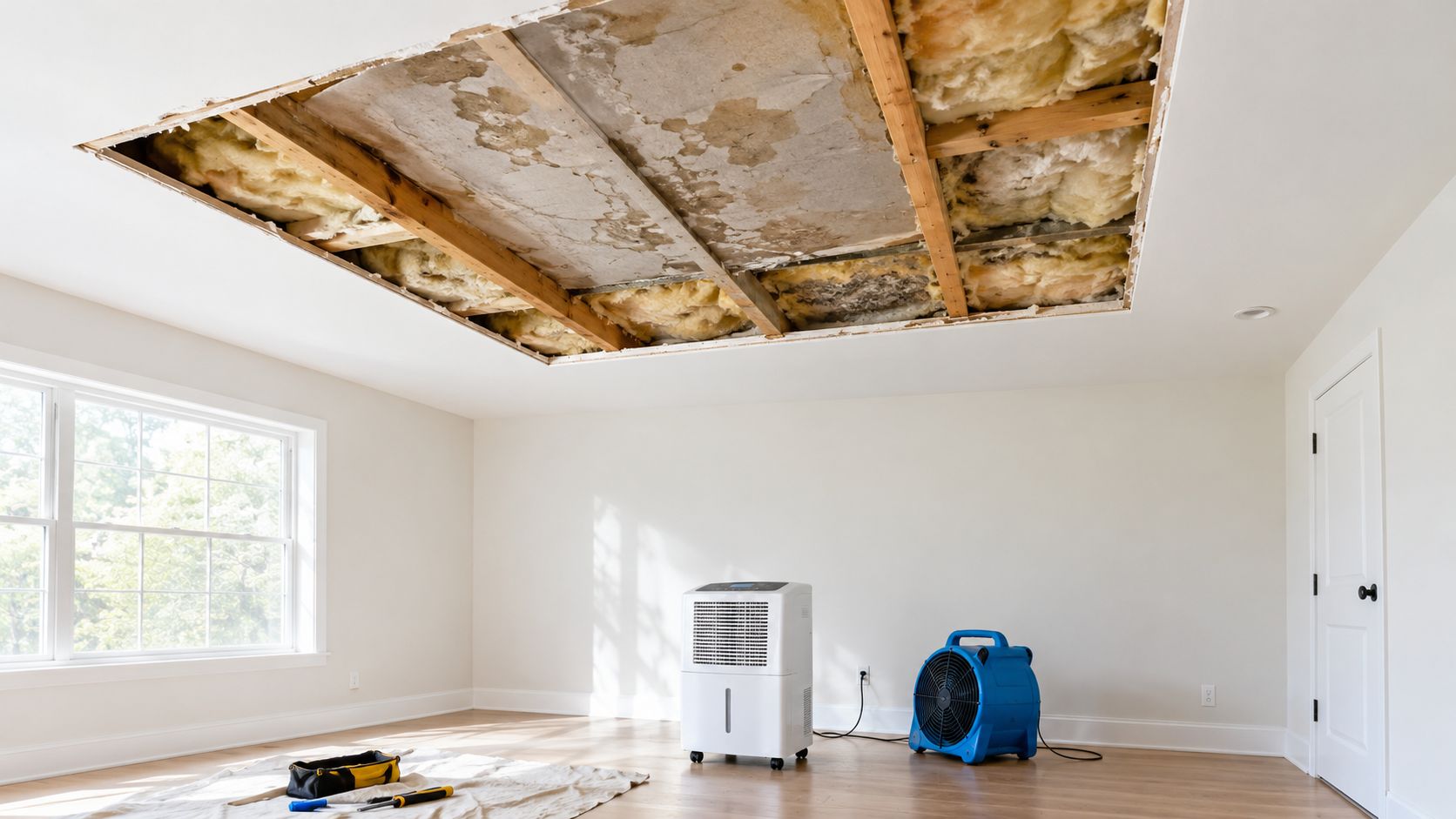 A room with a large ceiling hole showing water damage and insulation, with drying equipment on the floor.