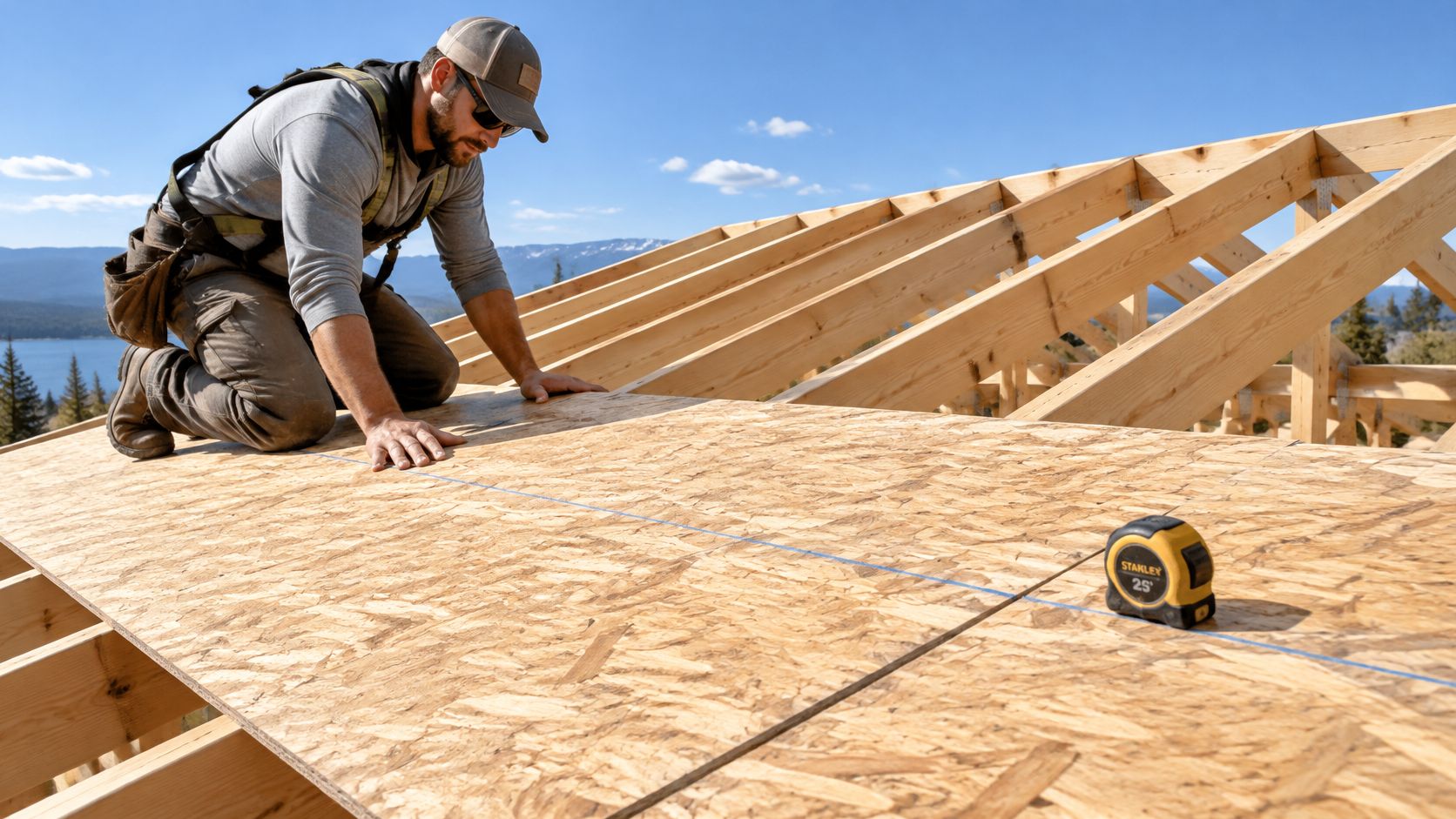 A construction worker kneeling on a wooden roof frame while installing plywood roof sheathing on a sunny day.