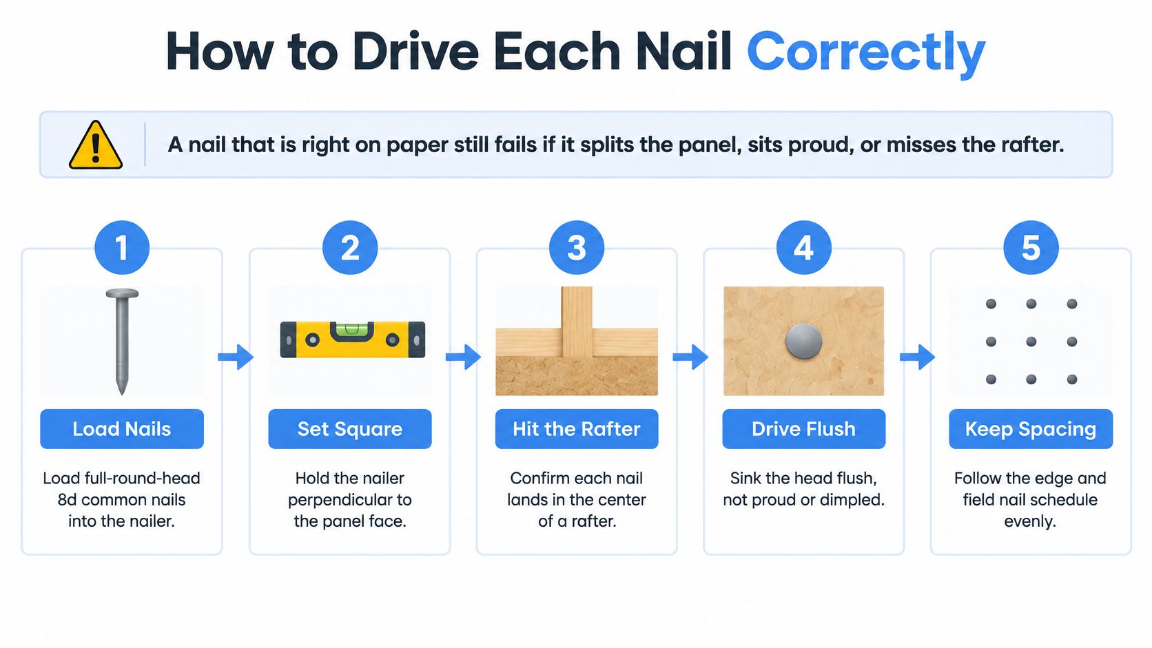A step-by-step infographic titled How to Drive Each Nail Correctly, illustrating proper roofing nail installation techniques.