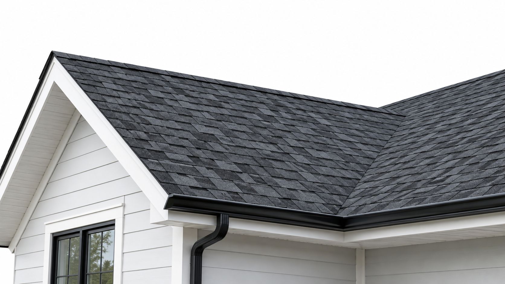 A close-up view of a modern house roof with dark grey shingles and a black gutter system.
