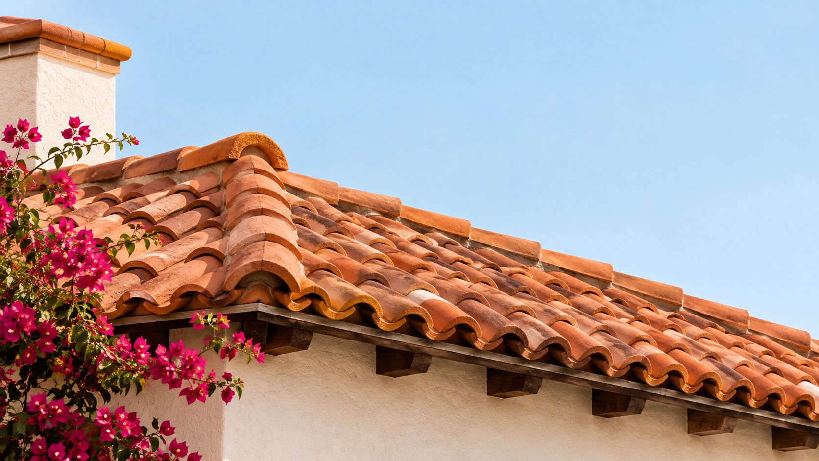 A close up view of traditional terracotta roof tiles on a Mediterranean style home with pink bougainvillea flowers.