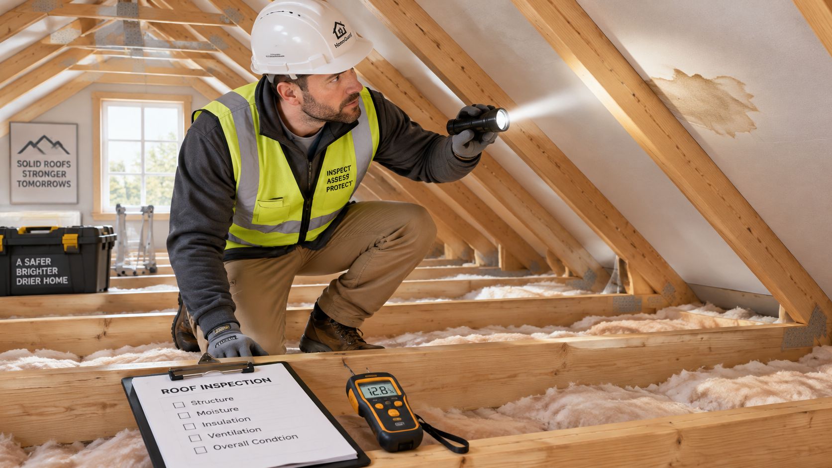 A professional inspector in a hard hat checks the attic roof for moisture damage using a flashlight.