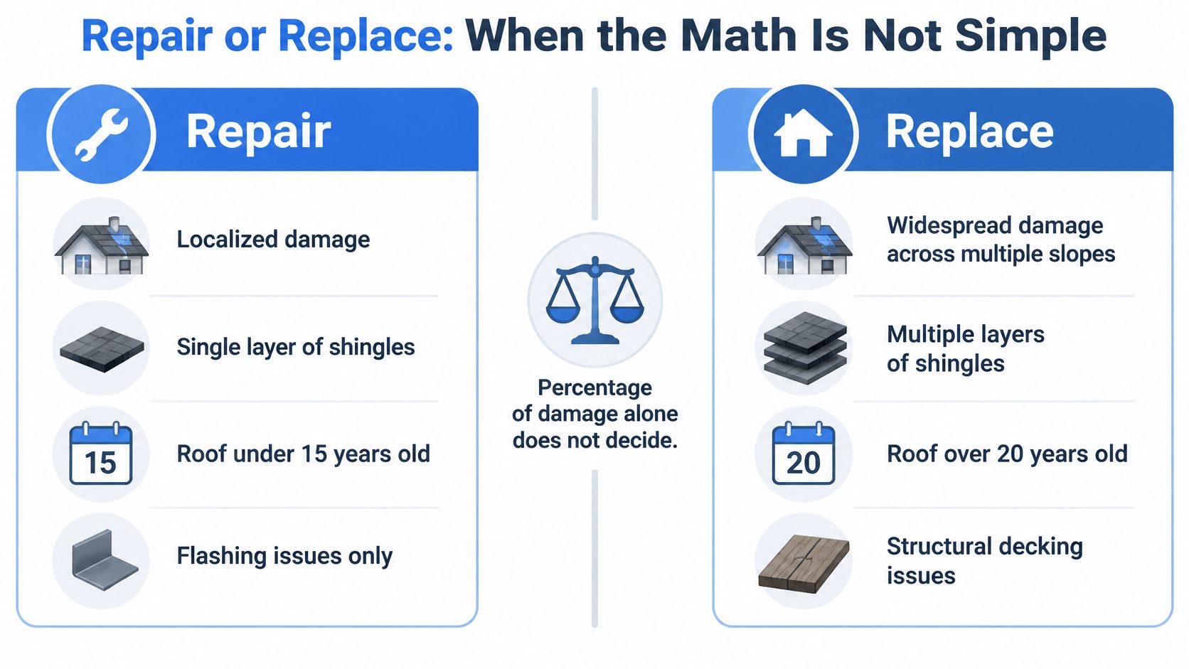 A comparative infographic showing factors to consider when deciding whether to repair or replace a residential roof.