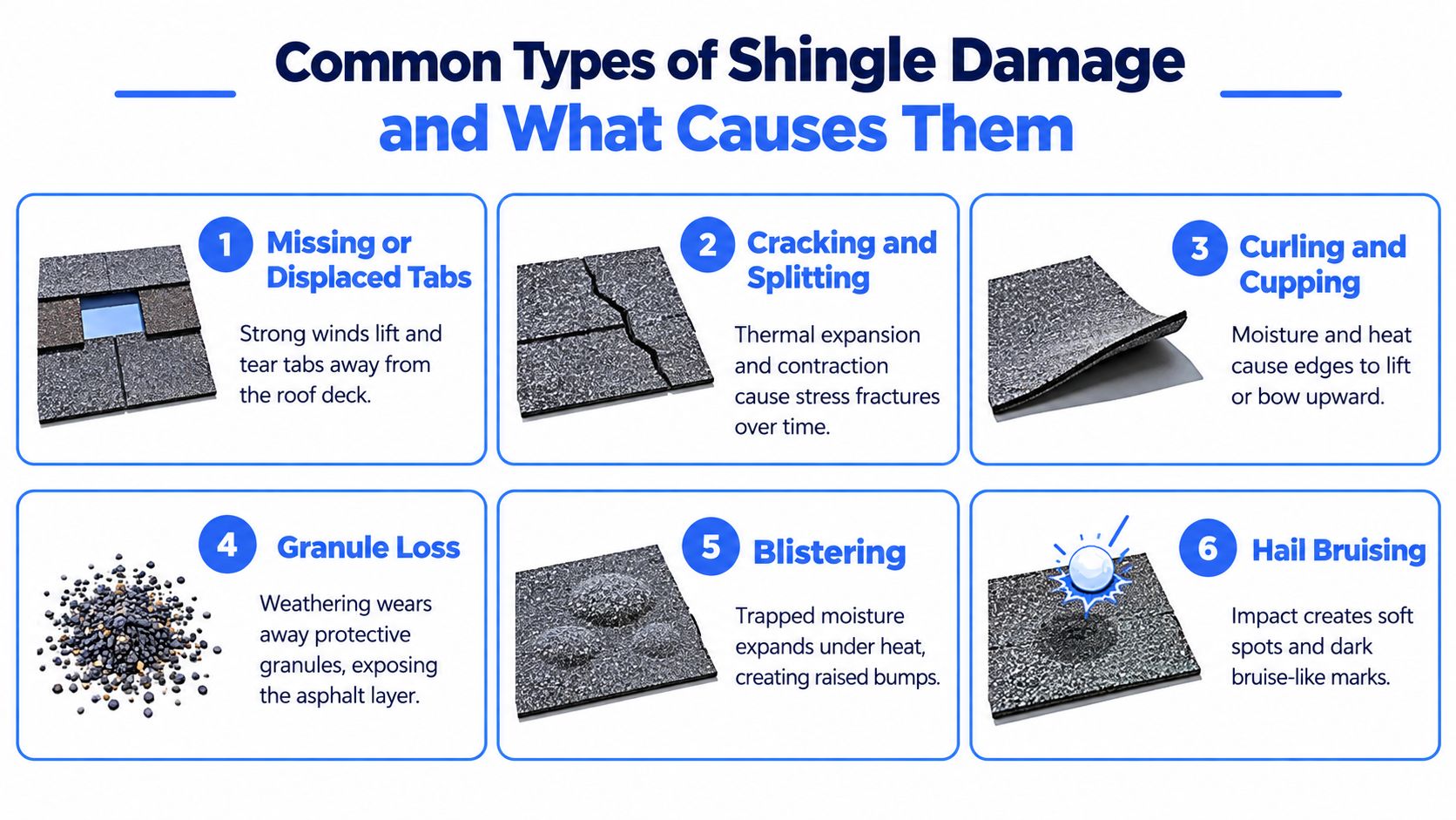 An educational infographic illustrating six common types of roof shingle damage with descriptions of their causes.