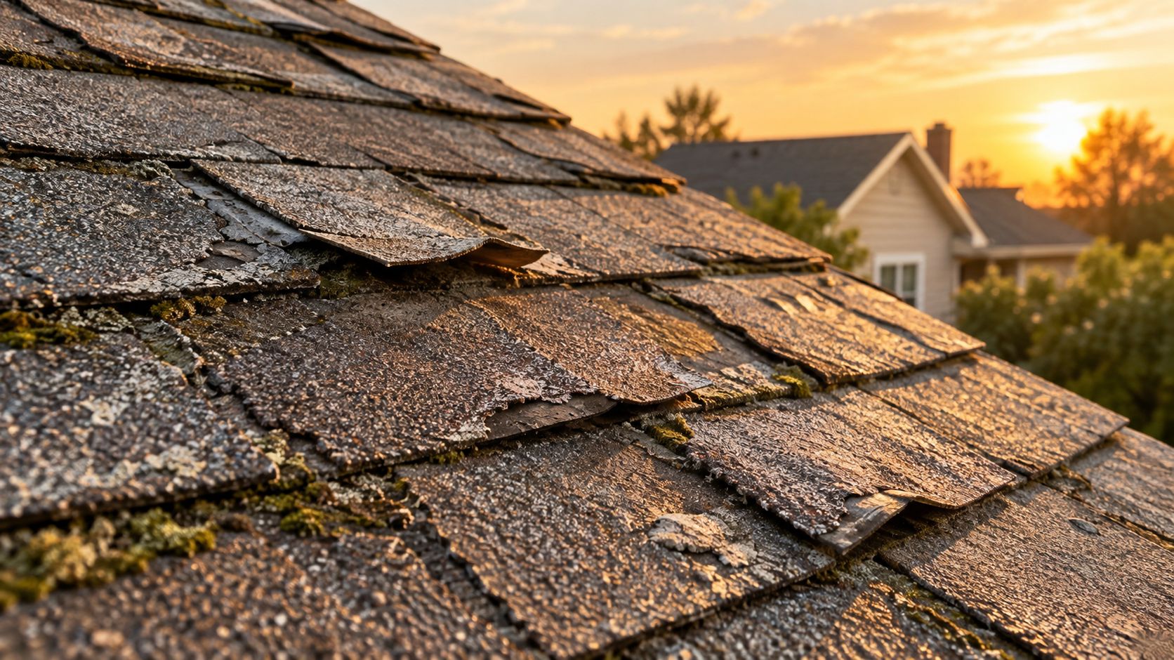 Close-up of weathered and worn-out asphalt roof shingles showing signs of aging, moss growth, and material degradation.