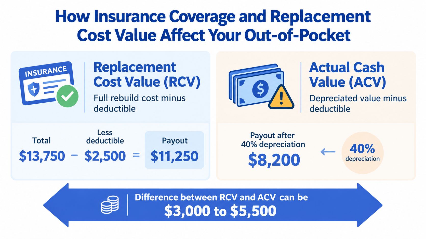 A diagram comparing Replacement Cost Value and Actual Cash Value insurance claims to show out-of-pocket expenses.