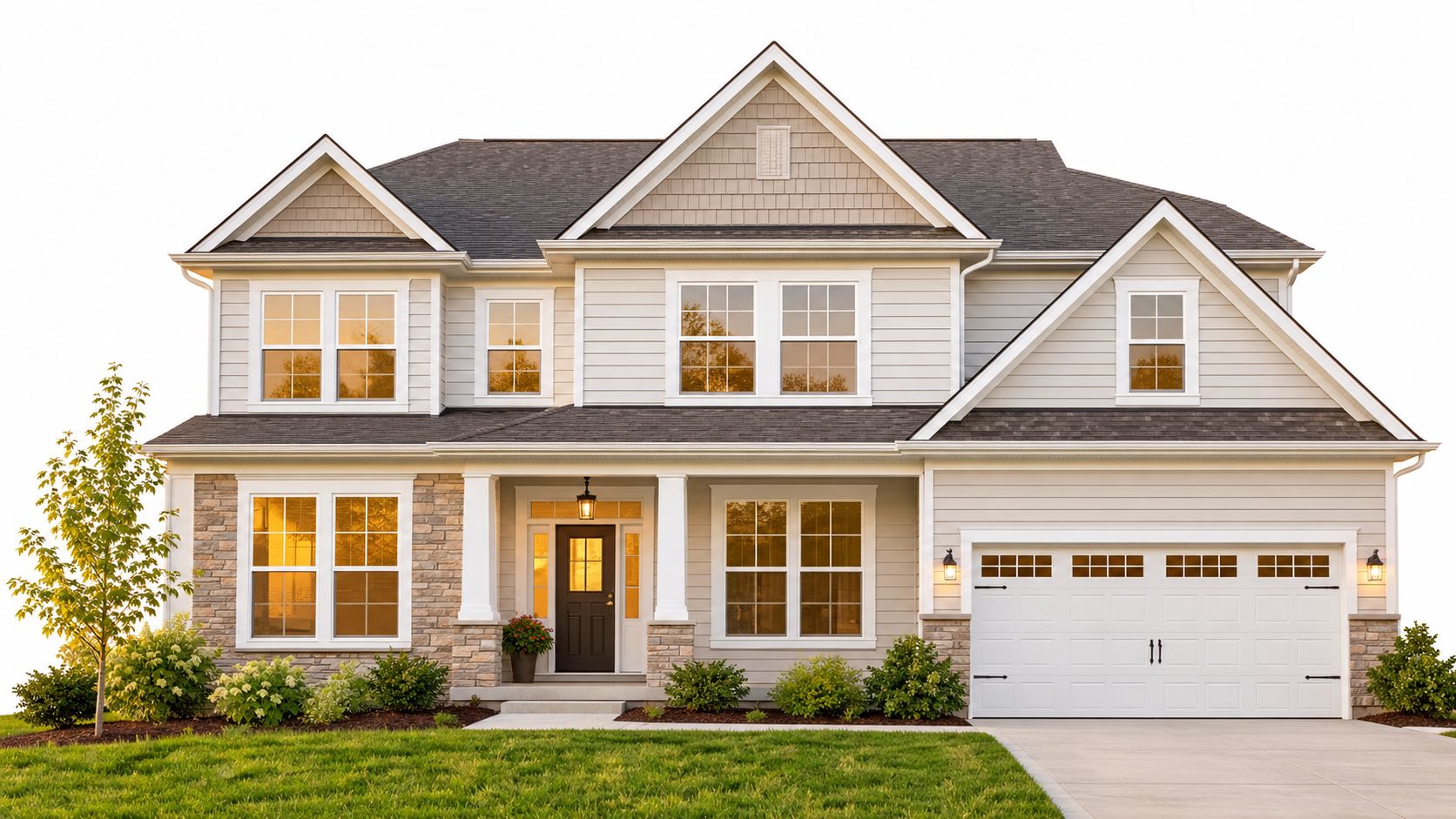 A beautiful suburban two-story home with light siding, stone accents, and a tidy front lawn.