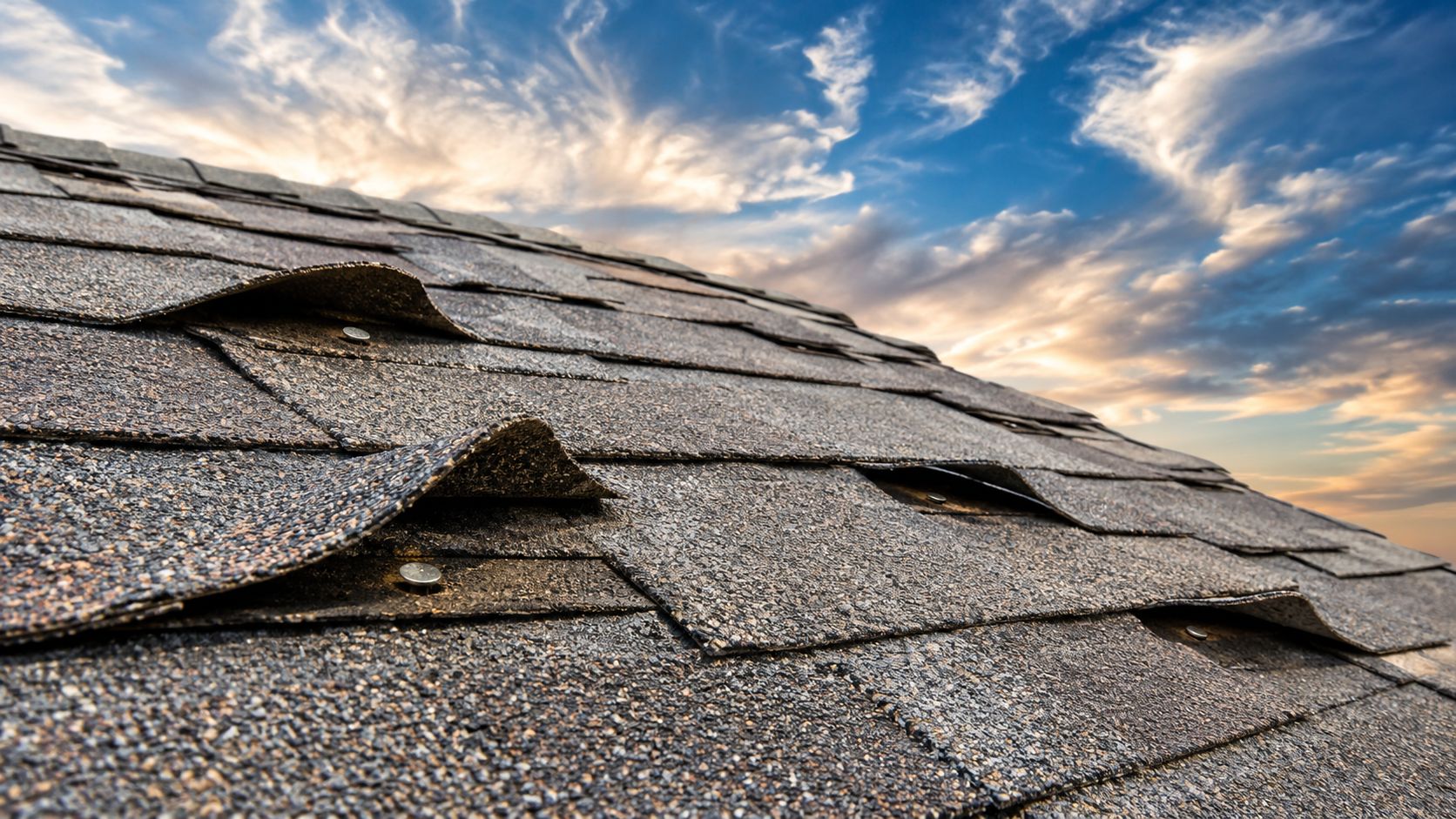 Damaged asphalt shingles curling up on a residential roof against a dramatic cloudy sunset sky background.