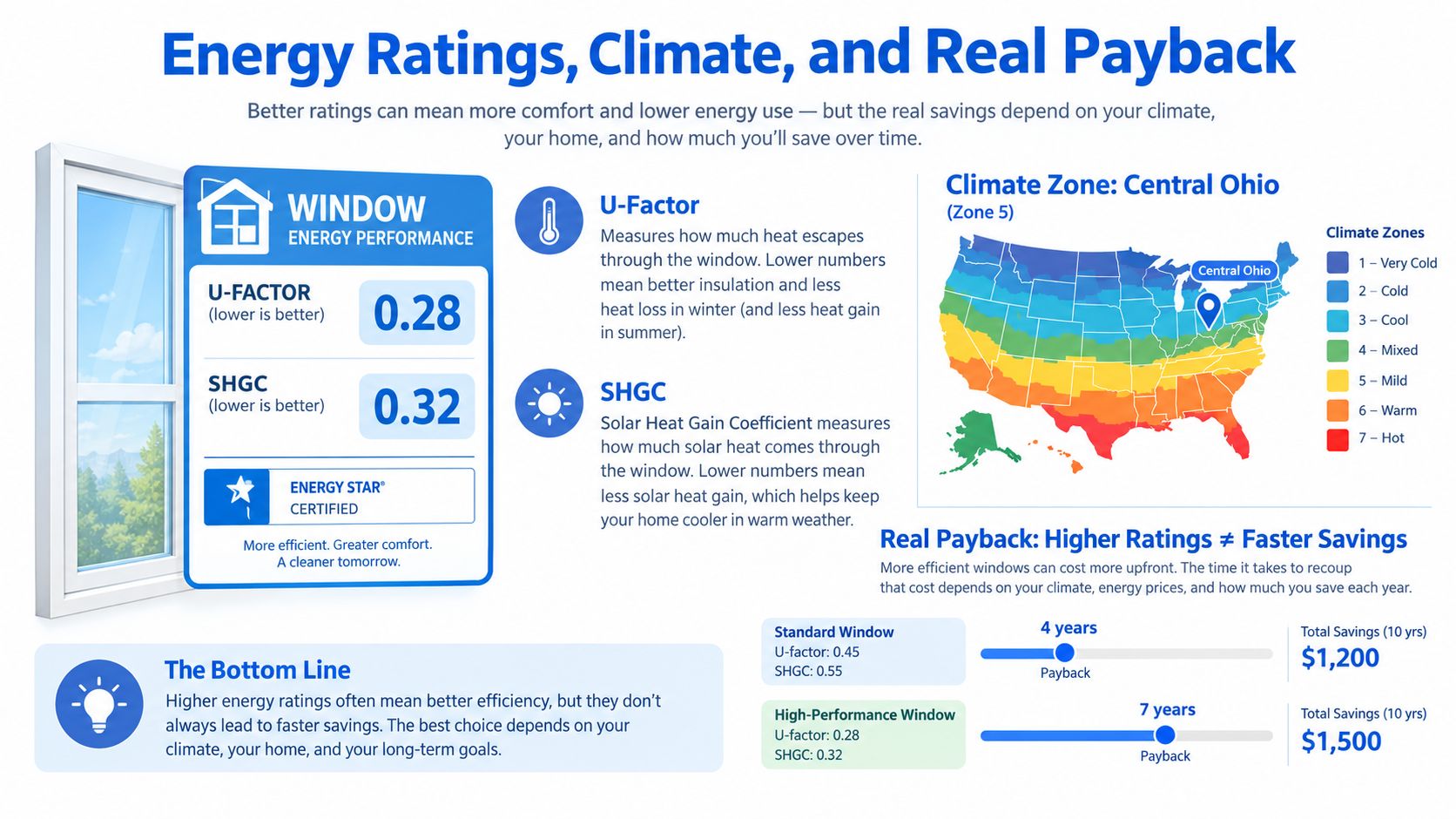 An infographic explaining how window energy ratings, U-factors, SHGC, and climate zones impact home energy savings and payback.