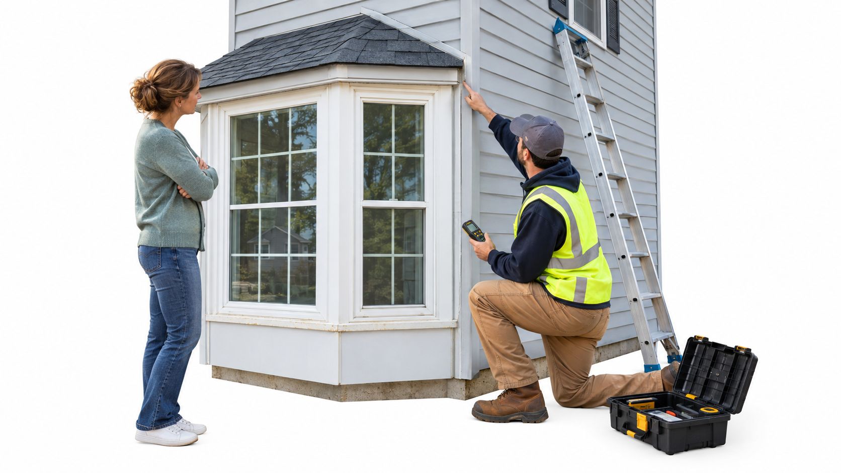 A home inspector in a high-visibility vest examines a bay window on a house for a homeowner.